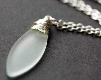 White Seaglass Necklace. White Necklace. White Frosted Glass Necklace. Marquis Necklace in Silver. Handmade Jewelry.