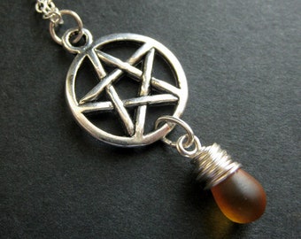 Wiccan Necklace. Silver Pentacle Necklace. Frosted Honey Teardrop Necklace. Pentagram Necklace. Handmade Jewelry.