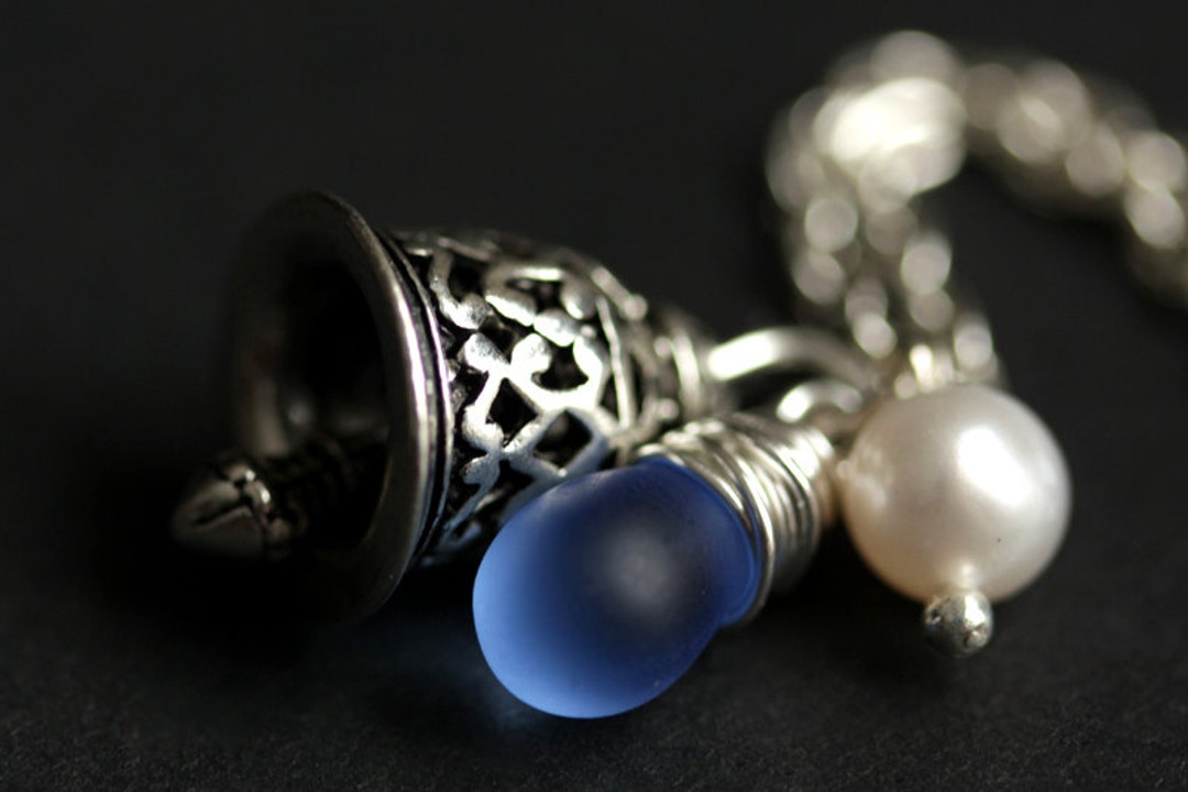 Silver Bell Necklace. Bell Charm Necklace With Glass Teardrop and Fresh