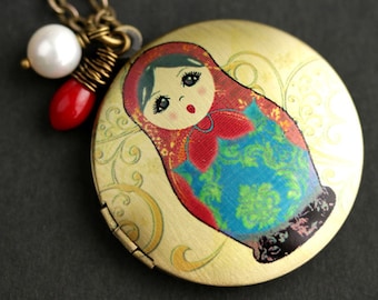 Russian Doll Locket Necklace. Russian Nesting Doll Necklace with Red Coral Teardrop and Pearl Charm. Matryoshka Doll Necklace. Bronze Locket