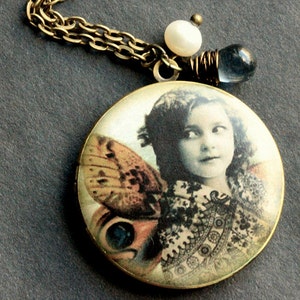Moth Fairy Necklace. Fairy Locket Necklace with Glass Teardrop and Fresh Water Pearl. Handmade Jewelry.