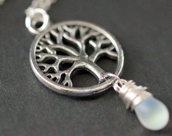 Tree of Life Necklace in Silver. Tree Necklace. Wire Wrapped Frost White Teardrop Necklace. Handmade Jewellery.
