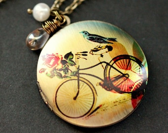 Bicycle Necklace. Bicycle Locket Necklace. Bird Necklace. Bronze Necklace with Glass Teardrop and Pearl. Bronze Locket. Handmade Jewelry