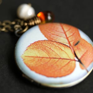 Autumn Leaf Locket Necklace. Tree Leaf Necklace with Glass Teardrop and Fresh Water Pearl Charm. Orange Leaves Necklace. Bronze Locket.