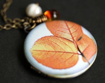 Autumn Leaf Locket Necklace. Tree Leaf Necklace with Glass Teardrop and Fresh Water Pearl Charm. Orange Leaves Necklace. Bronze Locket.