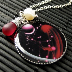 Virgo Necklace. Sun Sign Zodiac Jewelry with Clouded Red Teardrop and Fresh Water Pearl. Handmade Jewelry. image 3