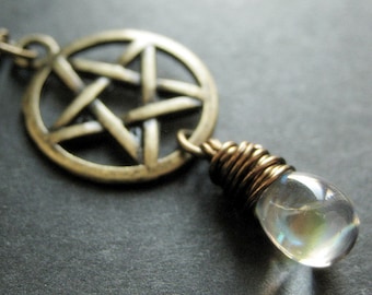 Clear Teardrop Pendant Necklace. Bronze Pentagram Necklace. Wiccan Jewelry. Handmade Jewelry.