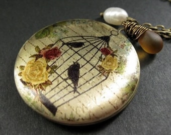 Locket Necklace. Autumn Roses and Birdcage Necklace with Honey Teardrop and Pearl. Handmade Jewelry.