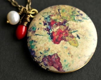 Rustic World Map Locket Necklace. Rustic Map Necklace with Red Coral Teardrop and Fresh Water Pearl. Photo Locket. Bronze Necklace.