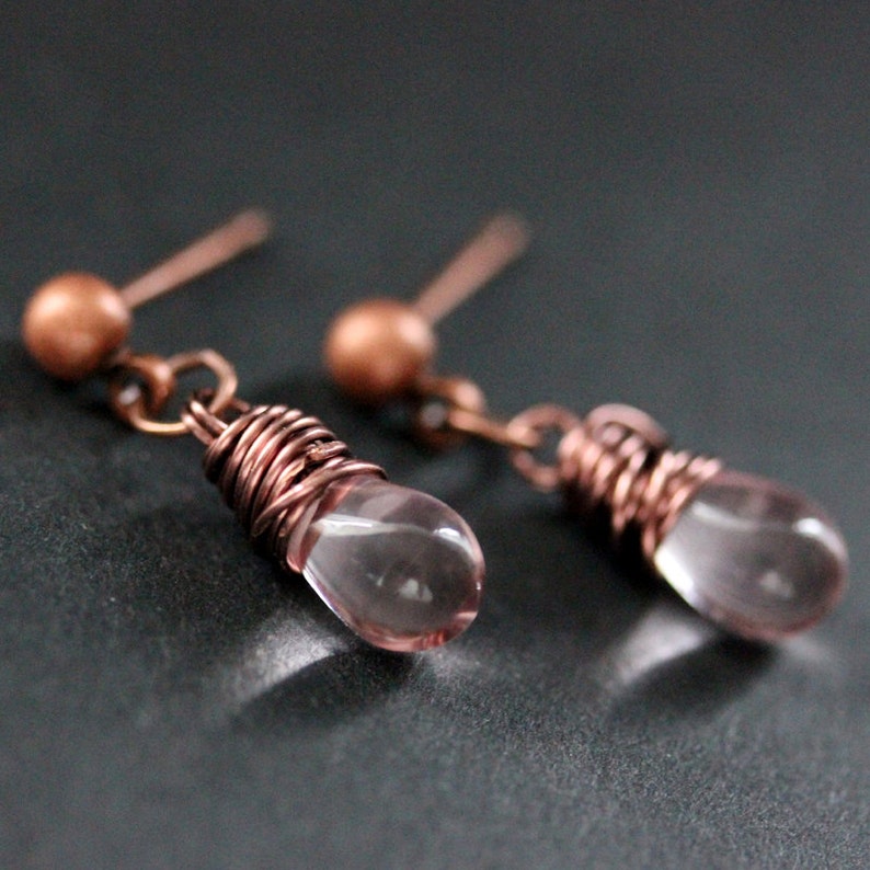 COPPER Earrings Pink Teardrop Earrings. Stud Earrings. Dangle Earrings. Post Earrings. Handmade Jewelry. image 2