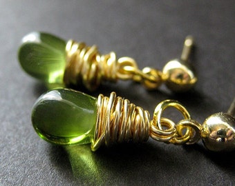 Green Earrings: Gold Post Earrings with Wire Wrapped Clear Green Teardrops. Handmade Jewelry.