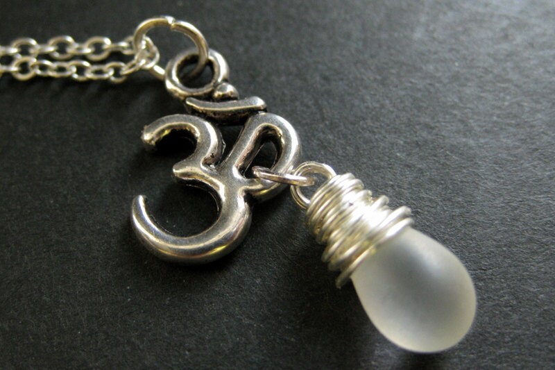 Yoga Jewelry. Frost White Necklace. Ohm Necklace. Yoga Necklace. Teardrop Necklace in Silver. Handmade Jewelry.