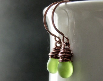 COPPER Earrings - Clouded Green Dangle Earrings in Copper, Wire Wrapped Earrings. Handmade Jewelry.
