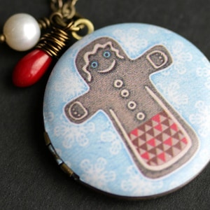 Gingerbread Locket Necklace. Christmas Necklace with Red Coral Teardrop and Fresh Water Pearl. Photo Locket. Christmas Jewelry.