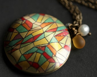 Geometric Necklace. Stained Glass Window Locket Necklace Wire Wrapped Honey Teardrop and Fresh Water Pearl. Bronze Necklace.