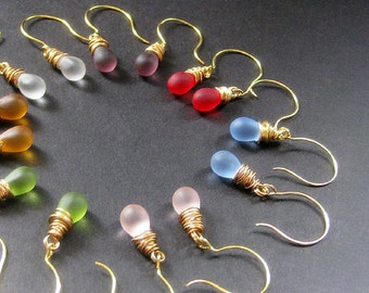 14K GOLD Drop Earrings in Frosted Glass - Set of Seven for the Price of Six. Dangle Earrings. Handmade Jewelry.