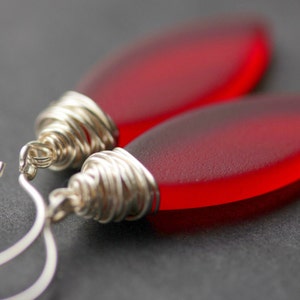 Red Seaglass Earrings. Seaglass Dangle Earrings. Marquis Style Frosted Earrings. Wire Wrapped Earrings. Handmade Jewelry. image 1