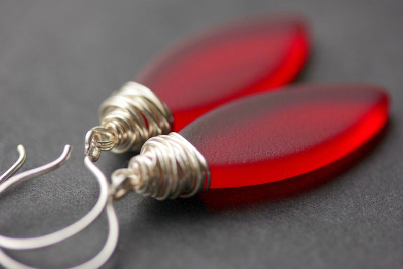 Red Seaglass Earrings. Seaglass Dangle Earrings. Marquis Style Frosted Earrings. Wire Wrapped Earrings. Handmade Jewelry. image 1