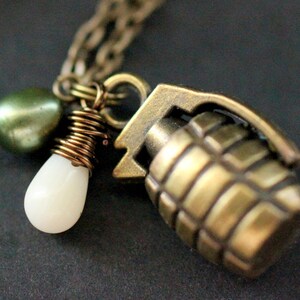 Grenade Necklace. Army Necklace. Bronze Charm Necklace with Army Green Fresh Water Pearl and White Coral Teardrop. Military Necklace.