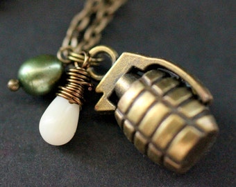 Grenade Necklace. Army Necklace. Bronze Charm Necklace with Army Green Fresh Water Pearl and White Coral Teardrop. Military Necklace.