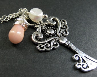 Filigree Key Necklace. Charm Necklace in Silver with Pink Coral Teardrop and Fresh Water Pearl. Handmade Necklace.