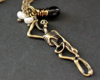 Halloween Necklace. Goth Skeleton Necklace with Black Teardrop and Fresh Water Pearls. Skeleton Charm Necklace. Handmade Jewellery.