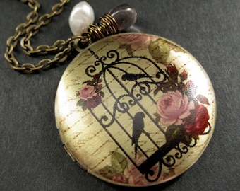 Locket Necklace. Birdcage and Roses Charm Necklace with Pink Teardrop and Pearl. Handmade Jewelry.