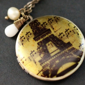 French Locket Necklace. Eiffel Tower Necklace with Coral Teardrop and Pearl. Eiffel Tower Locket. Paris Necklace. Handmade Jewelry.