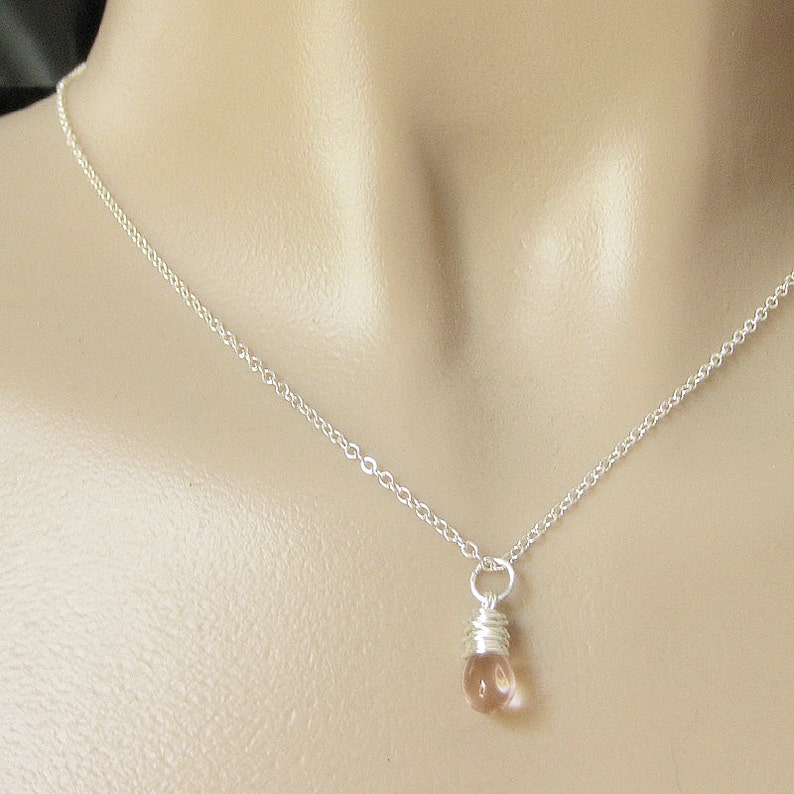 Pink Teardrop Necklace in Silver. Bridesmaid Necklace. Wire Wrapped Teardrop Pendant. Handmade Jewelry. image 3