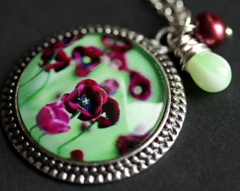 Purple Poppy Necklace. Field of Flowers Pendant with Dark Mauve Fresh Water Pearl and Mint Teardrop. Purple Necklace. Handmade Necklace.