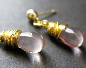 Pink Earrings : Wire Wrapped Clear Pink Teardrop Post Earrings in Gold. Handmade Jewelry.