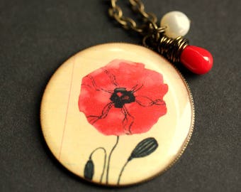 Red Poppy Necklace. Remembrance Poppy Pendant with Red Coral Teardrop and Pearl. Charm Necklace. Memorial Day Poppy Necklace.