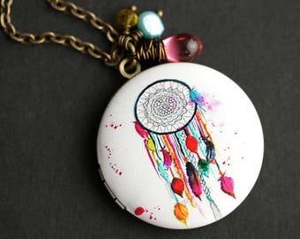 Colorful Dreamcatcher Locket Necklace. Dreamcatcher Necklace with Pink Teardrop, Yellow Crystal, and Aqua Blue Pearl Charm. Bronze Locket.