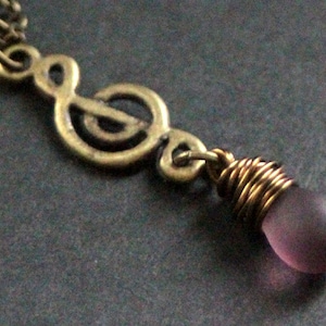 Clouded Purple Teardrop Necklace. Musical Note Necklace. Music Necklace. Treble Clef Necklace in Bronze. Handmade Jewelry.