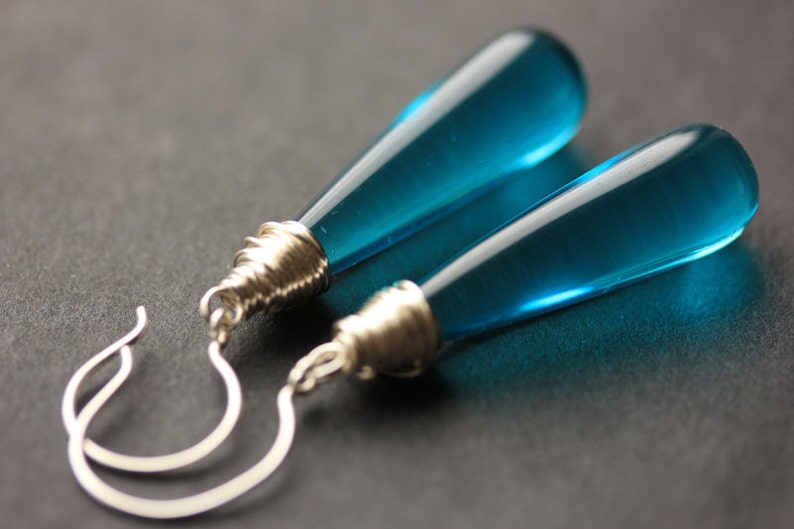 Teal Blue Earrings. Long Earrings. Teal Dangle Earrings. Long Teardrop Earrings. Teal Earrings. Wire Wrapped Earrings. Handmade Jewelry image 1