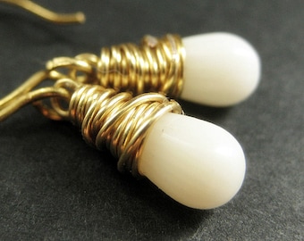 14K GOLD Earrings - White Coral Earrings. White Teardrop Earrings. Wire Wrapped Earrings. Handmade Jewelry.