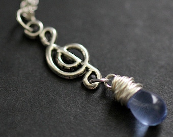 Treble Clef Necklace. Blue Teardrop Necklace. Musical Note Necklace. Music Necklace in Silver. Handmade Jewellery.