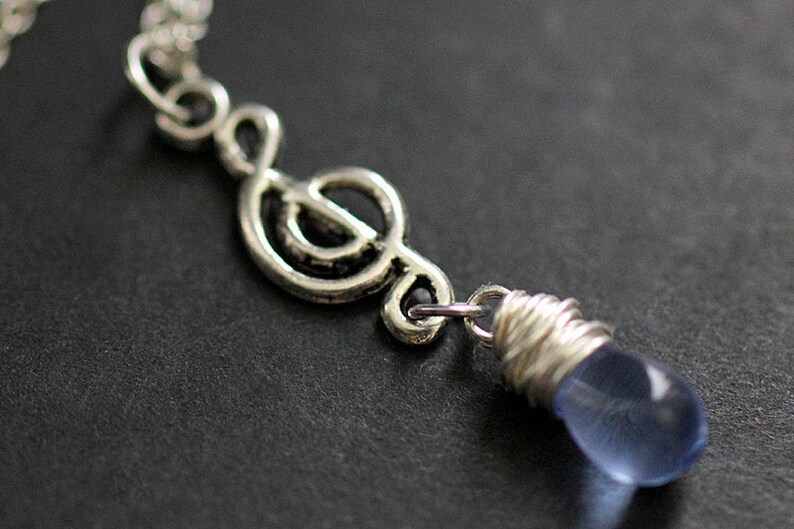 Treble Clef Necklace. Blue Teardrop Necklace. Musical Note Necklace. Music Necklace in Silver. Handmade Jewellery. image 1
