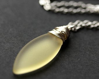 Yellow Seaglass Necklace. Yellow Necklace. Yellow Frosted Glass Necklace. Marquis Necklace in Silver. Handmade Jewelry.