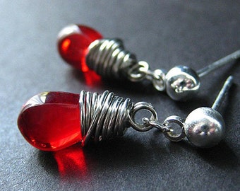 Drop Earrings : Wire Wrapped Crimson Red Teardrop Stud Earrings. Handmade Jewelry.