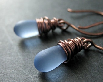 COPPER Earrings - Clouded Baby Blue Drop Earrings, Wire Wrapped Copper Dangle Earrings. Handmade Jewelry.