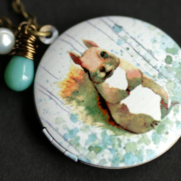 Squirrel Locket Necklace. Woodland Squirrel Necklace with Turquoise Green Teardrop and Fresh Water Pearl. Woodland Necklace. Bronze Locket.