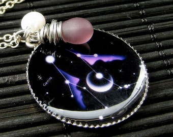 Gemini Necklace. Sun Sign Pendant. Zodiac Jewelry with Clouded Purple Teardrop and Fresh Water Pearl. Handmade Jewelry.