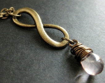 Pink Necklace. Teardrop Necklace. Bronze Infinity Necklace. Wire Wrapped. Handmade Jewelry.