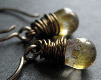 BRONZE Earrings - Mottled Brown Teardrop Earrings with Glass Teardrops, Wire Wrapped Earrings. Handmade Jewelry.