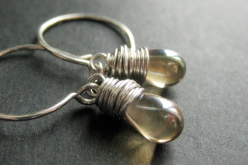 Dangle Earrings: Wire Wrapped Earrings in Champagne Shimmer and Silver. Drop Earrings. Handmade Jewelry. image 1