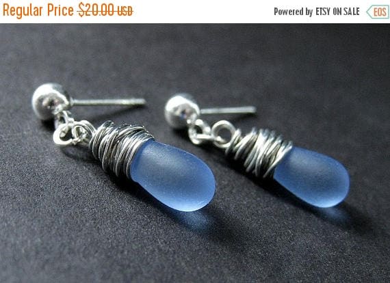 Stud Earrings Wire Wrapped Frosted Blue Drop Post
