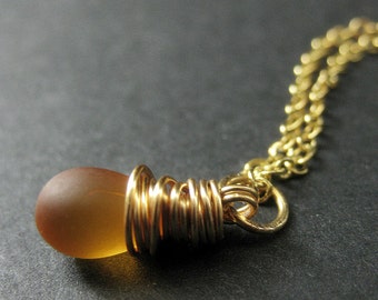 Clouded Honey Necklace. Teardrop Pendant Necklace Wire Wrapped in Gold. Bridesmaid Jewelry. Handmade Necklace.