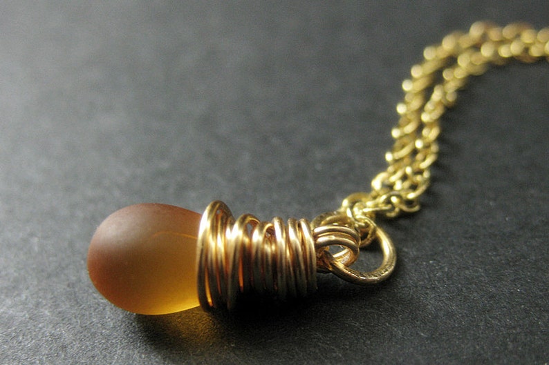 Clouded Honey Necklace. Teardrop Pendant Necklace Wire Wrapped in Gold. Bridesmaid Jewelry. Handmade Necklace. image 1