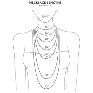 May include: A line drawing of a person wearing necklaces of different lengths, showing how they would look on a person. The lengths are labeled in inches: 14", 16", 18", 20", 24", 30", and 33".